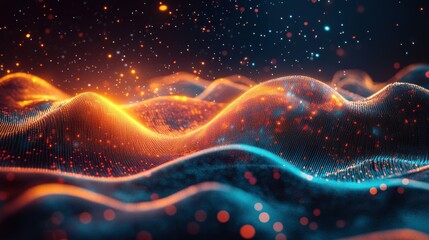 Futuristic Digital Landscape Abstract Data Flow Orange and Teal Energy Waves