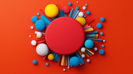 Abstract Colorful Composition: A vibrant red circle takes center stage, encircled by an explosion of colorful spheres and dynamic lines, creating a visually captivating and modern abstract design.  