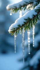 Sparkling icicles hanging from a snow-covered fir tree, snowflakes, frost