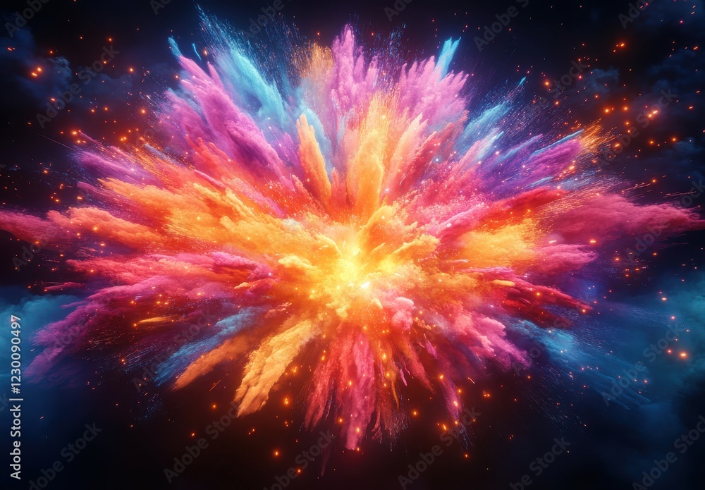 Poster colorful explosion of bright pigments and sparks creating a vibrant and dynamic visual effect in a d