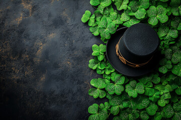Black leprechaun hat resting among shamrock leaves, symbolizing festive irish cultural heritage against shadowy backdrop copy space