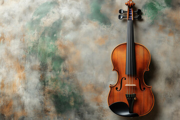 Elegant classical violin resting on textured surface, showcasing musical instrument's refined craftsmanship from overhead perspective copy space