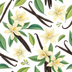 Obraz premium Vanilla pods and fresh vanilla flower isolated on white background natural aromatic ingredients for culinary
