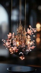 Enchanted floating castle surrounded by blooming flowers and glowing lights