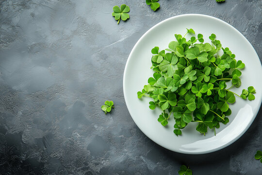 Green clovers freshly picked, displaying irish luck and festive st. Patrick's day spirit, resting on white plate against gray textured surface copy space