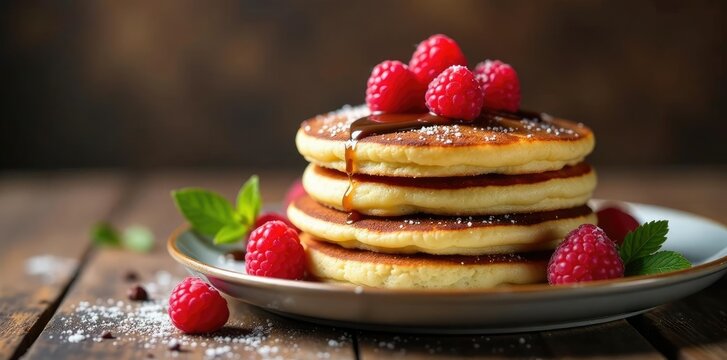 Stack of panqueques with Nutella and raspberries on a plate, breakfast dish, pancakes