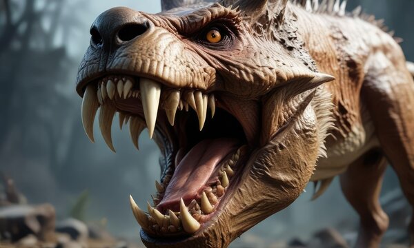 Prehistoric creature with sharp canines and razor-sharp teeth in a powerful bite, canines, razor-sharp