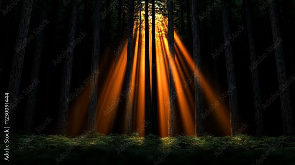 Poster golden rays of forest: sunbeams pierce through a dense forest canopy, creating a mystical and ethere