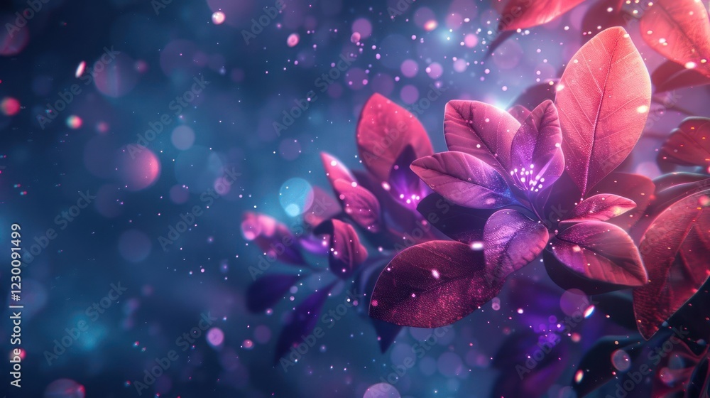 Poster vibrant close-up of illuminated leaves with sparkling bokeh effect in a dreamy atmosphere