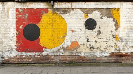 A vibrant, weathered mural featuring bold circles in red, yellow, and black on a peeling white brick wall.