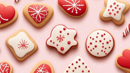 Colorful decorated cookies in various shapes, featuring festive red and white icing designs on a soft pink background.