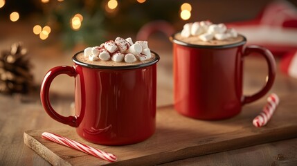 Fototapeta premium Two red mugs filled with creamy hot chocolate topped with marshmallows and candy canes, set against a festive backdrop with warm lights.