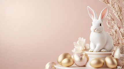 Elegant Easter Bunny with Gold Eggs on Soft Pastel Background
