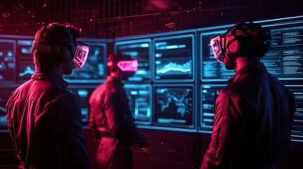 Obraz premium Virtual reality experience high-tech lab digital interaction futuristic environment close-up view immersive technology