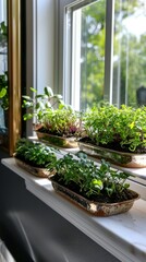 Fototapeta premium Indoor herb garden with sunlit leaves on window ledge