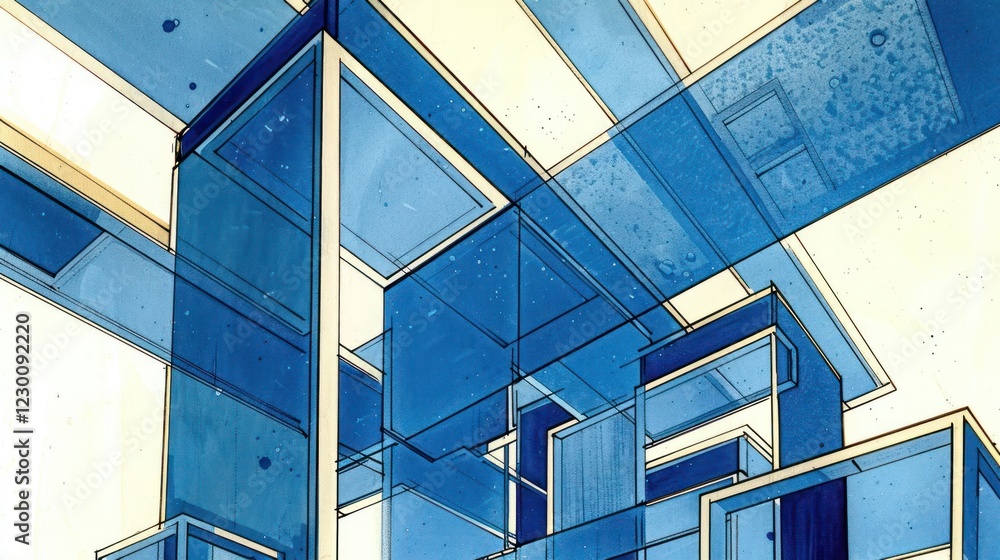 Poster abstract depiction of transparent blue geometric structures creating a dynamic interior space