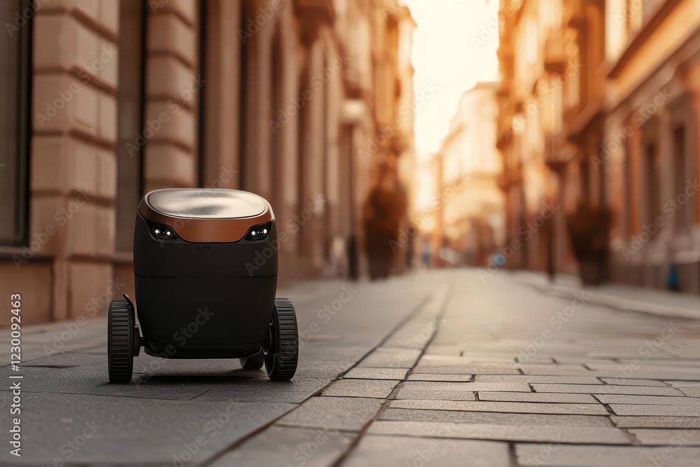 Poster autonomous delivery urban logistics. autonomous delivery robots navigating sidewalks and bike lanes 