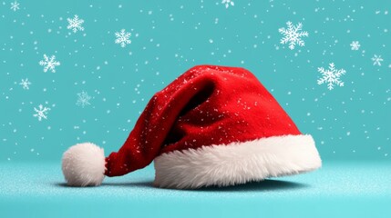 A festive red Santa hat with white trim sits against a turquoise background, surrounded by falling snowflakes, evoking a cheerful holiday spirit.