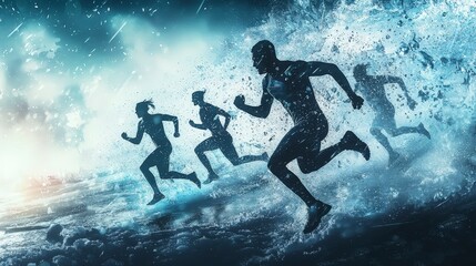 Naklejka premium Dynamic Silhouettes of Runners Sprinting Through Water Splashing Action