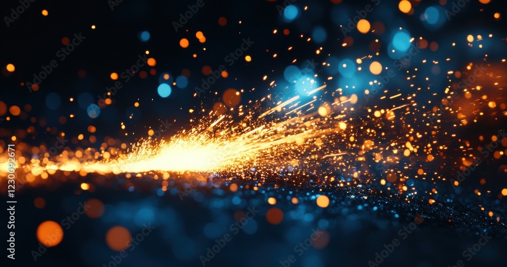 Poster dynamic abstract sparks and glowing particles in vibrant blue and orange colors on a dark background