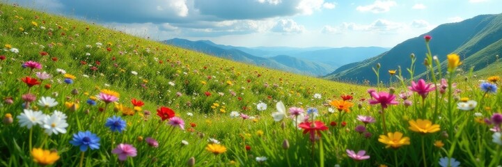 A delicate patchwork of wildflowers carpets the hillside, colorful, grassy slope