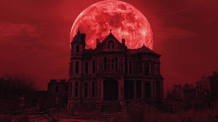 Obraz premium Haunted Mansion Under a Blood Red Moon