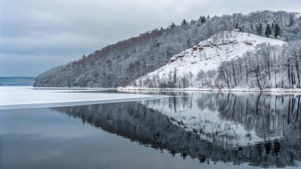 Obraz premium Reflections of a snow-covered hillside in the calm surface of a frozen lake, mirror-like reflection, stillness