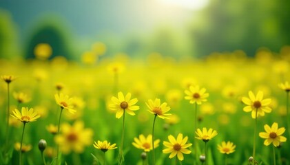 A field of bright yellow wildflowers dances in the spring breeze, blossoms, wildflower