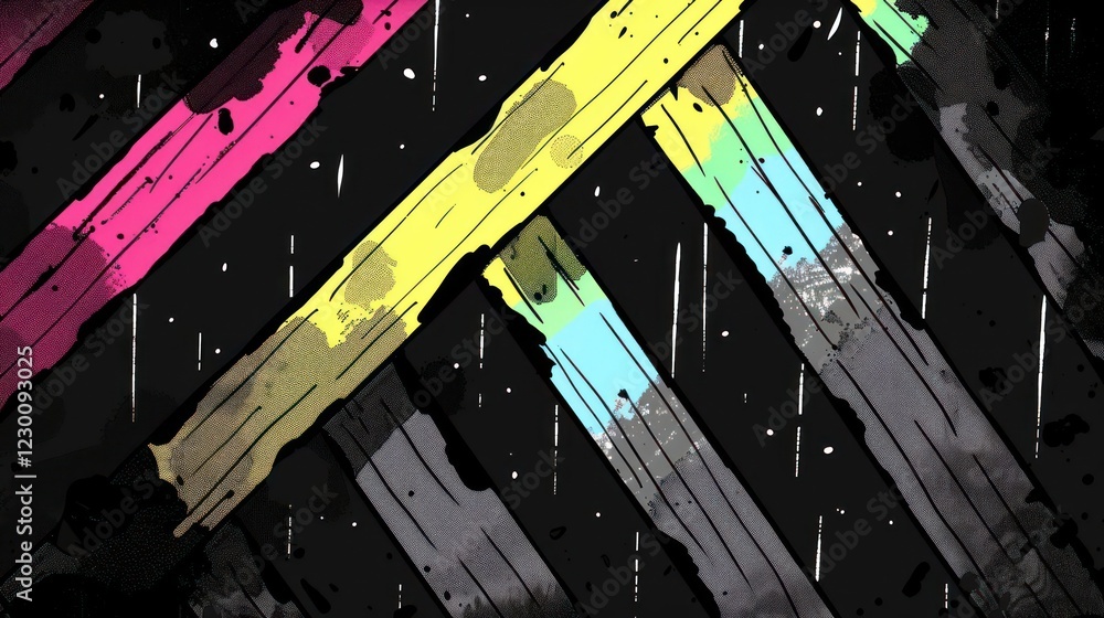 Poster colorful abstract lines intersecting against a dark background, creating a dynamic visual effect
