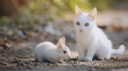 Wedding couple of elegant rabbits with bow tie on their wedding day. Honeymoon