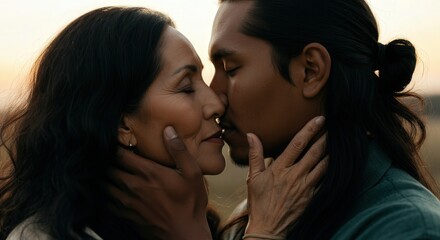 Intimate moment of affection between two young adults at sunset, highlighting connection and diversity