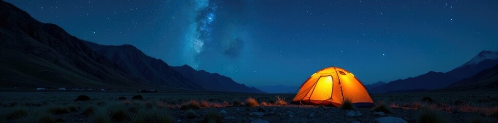 A lone campsite with a tent in the midst of stars, solo, night scene, stars