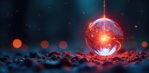 A glowing sphere suspended by a slender thread, delicate, wire