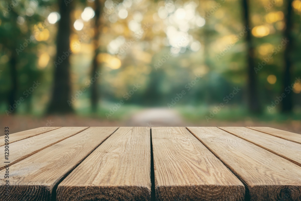 Aufkleber empty wooden table in forest clearing with blurred background