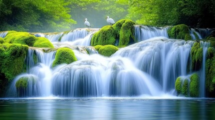 Obraz premium Two birds on mossy waterfall, tranquil forest