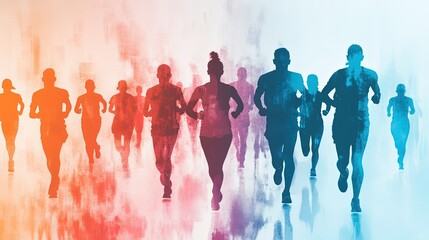 Vibrant Marathon Finish Line Celebration, energetic silhouettes of runners achieving their goals, colorful atmosphere, sense of triumph and health.