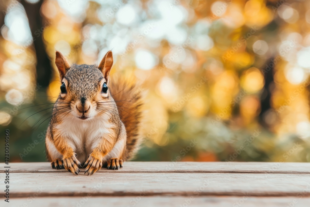 Poster curious squirrel posing on wooden table in autumn forest