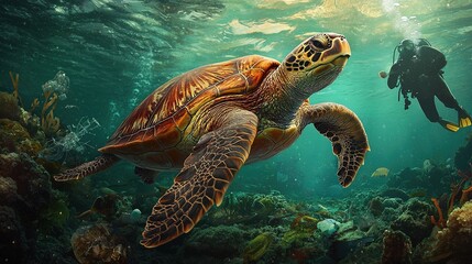 Fototapeta premium Diving encounter with a majestic sea turtle coral reef underwater photography ocean close-up marine life