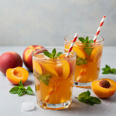 Chilled Peach Iced Tea or Fruity Cocktail with Fresh Mint and Apricots, Served in Elegant Glasses on a Light Table