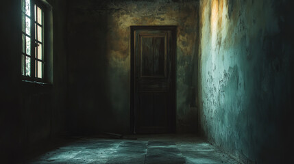 Obraz premium Dark and Mysterious Hallway with an Ominous Door