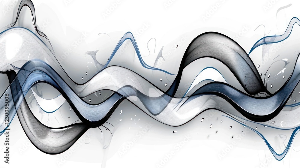 Poster abstract waves of blue and gray flowing gracefully across a white background, creating a dynamic vis