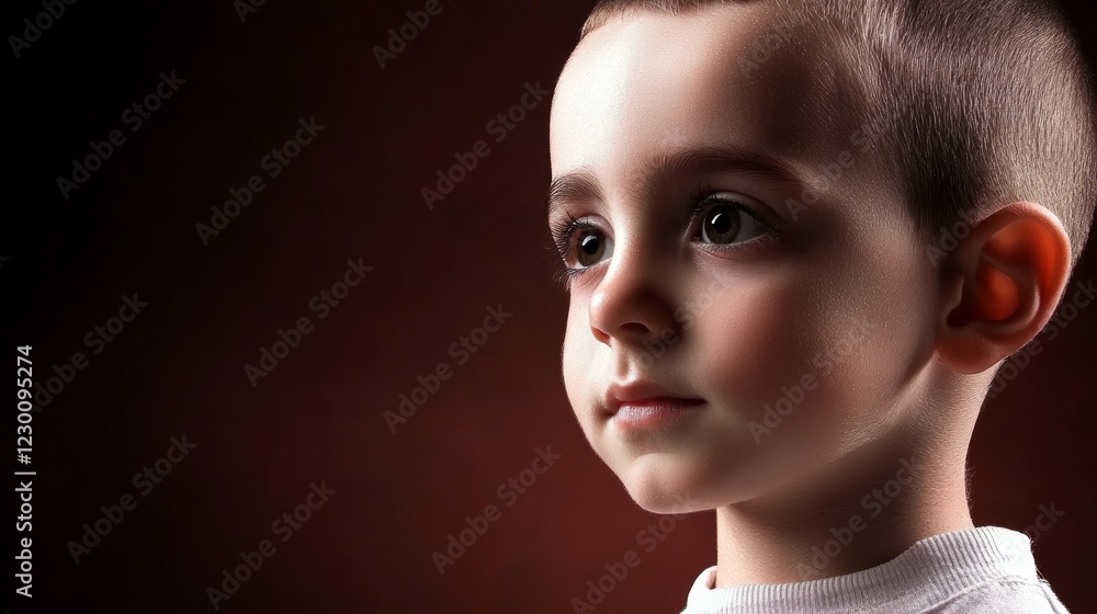 Poster child showcasing innocence and wonder with intense gaze and smooth skin in a dimly lit setting empha