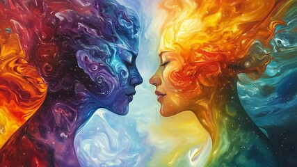 Colorful abstract portraits featuring two women with fiery orange and cool blue themes showing vibrant swirls and cosmic energy