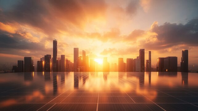 Futuristic urban skyline with solar panels integrated into modern architecture, showcasing sustainable energy solutions in a vibrant cityscape