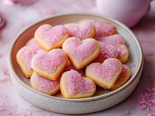 Pink sugar heart cookies on a beautiful pink marble surface for Valentine’s