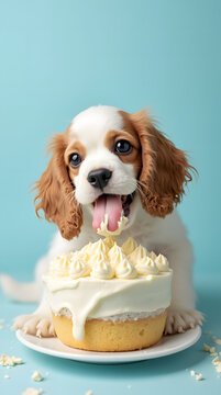 Naklejki Playful cocker spaniel puppy enthusiastically eating huge cream cake with icing on pastel blue background.