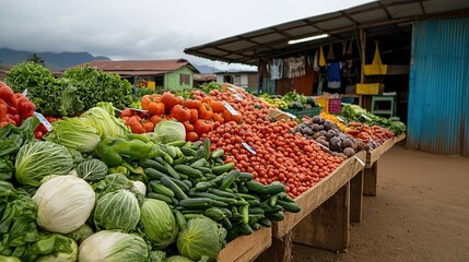 Vibrant vegetable market scene rural community photography open-air eye level fresh produce display