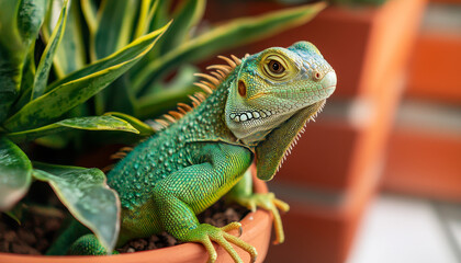 Fototapeta premium vibrant green lizard perched on potted plant, showcasing its unique features and colors