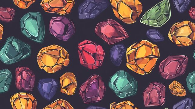 Colorful Gems Seamless Pattern Design Featuring Vibrant Jewels on a Dark Background for Modern Artistic Representation
