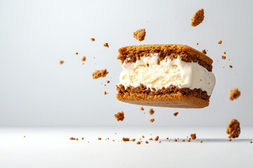 A delicious ice cream sandwich suspended mid-air, surrounded by crumbs, highlighting its creamy filling and cookie layers.